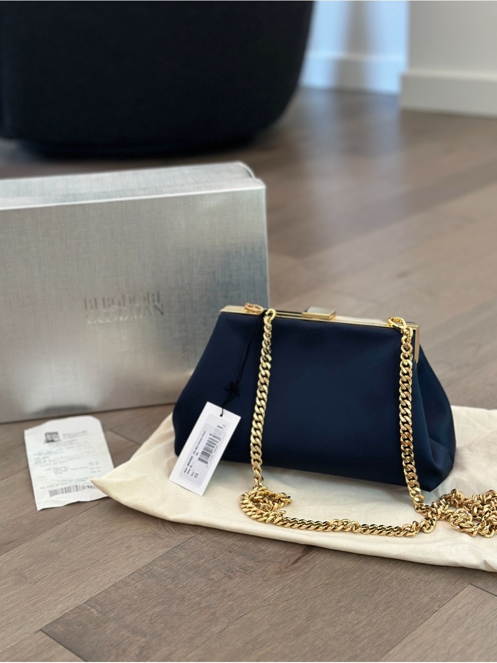 Mansur Gavriel Navy Satin Shoulder Bag with Gold Chain - Picture 2 of 2